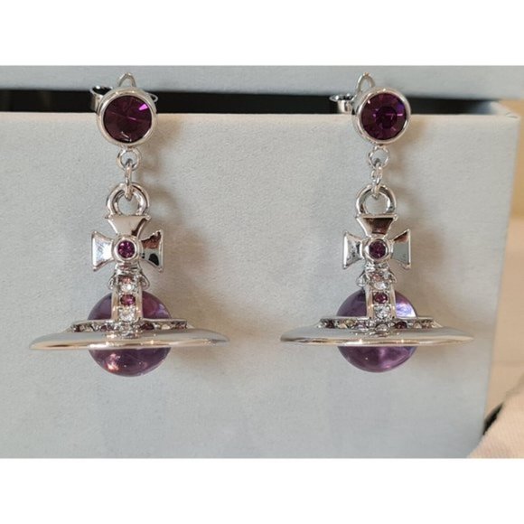 Vivienne Westwood 3D silver tone Purple Orb drop Earrings New with Box - Picture 2 of 12
